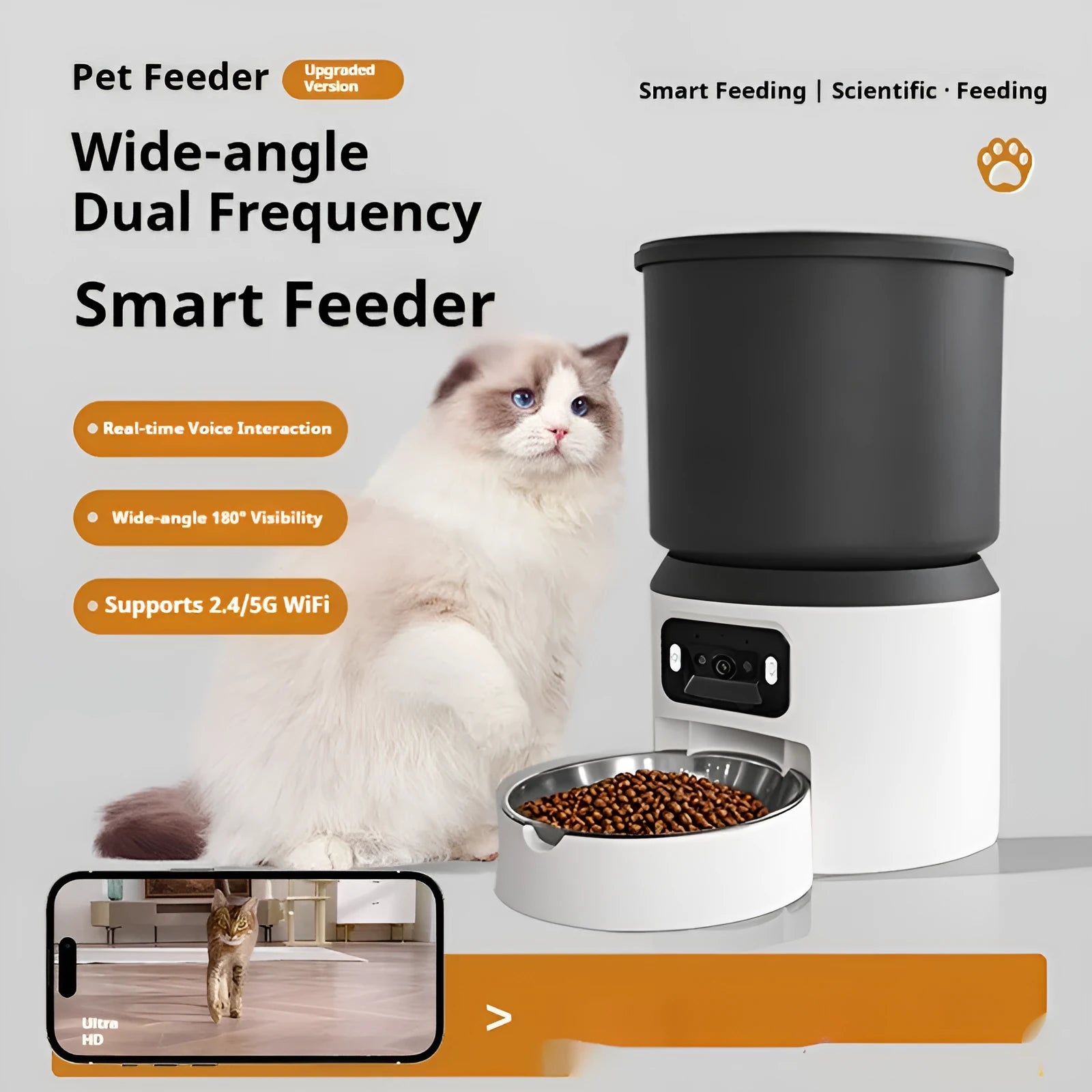 4L smart pet feeder with Wi-Fi and camera on floor next to cat, showing mobile app control interface.