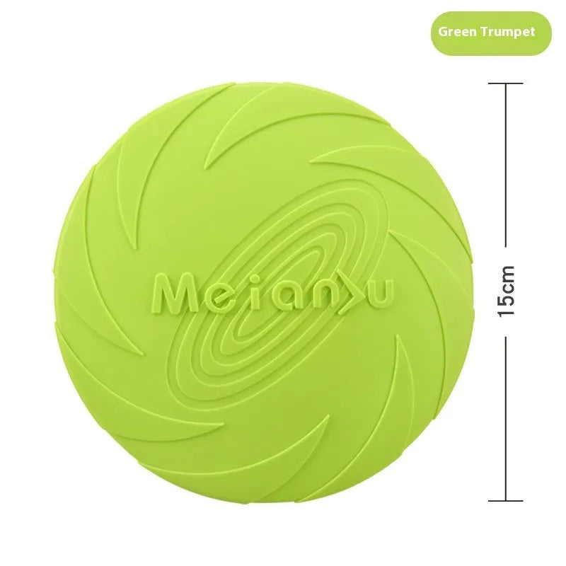 Soft rubber dog frisbee toy in blue, green, or red, shown in small, medium, and large sizes.