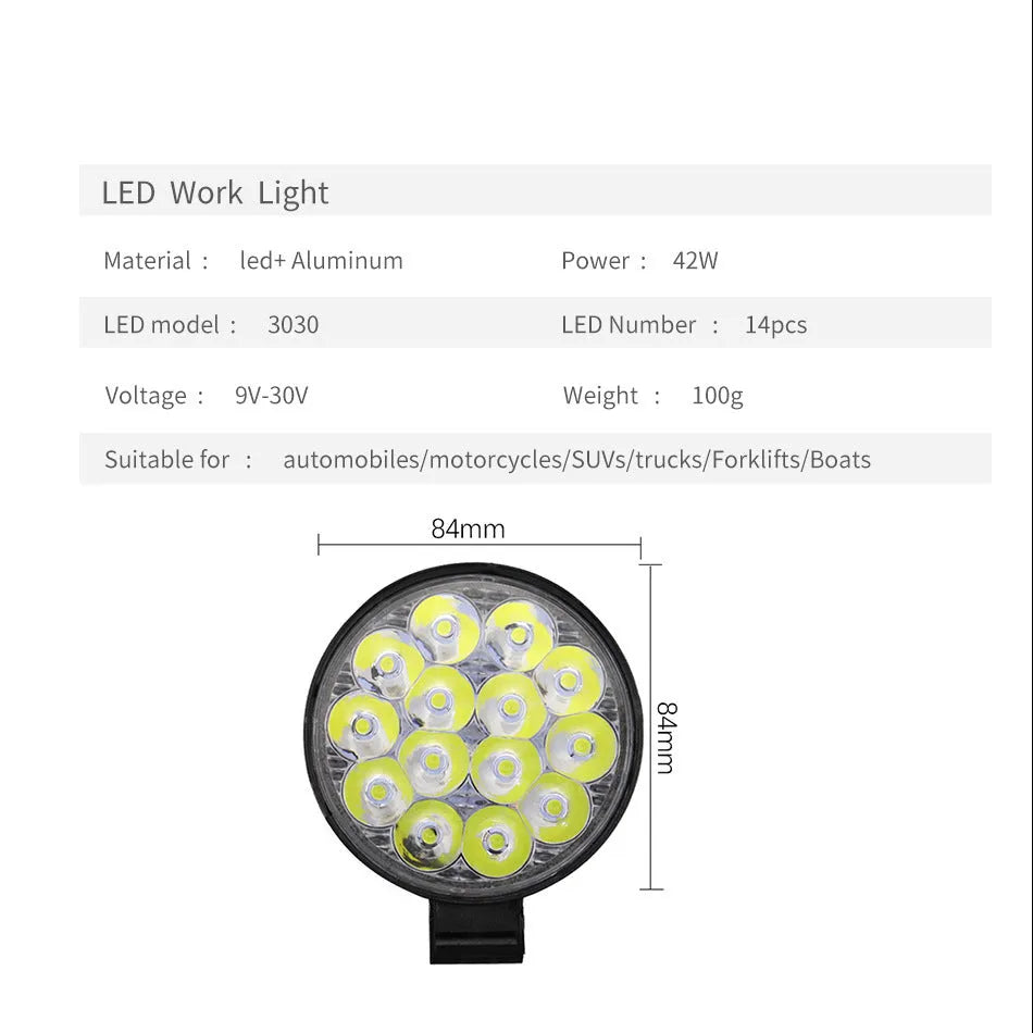 White 42W round car LED work light with aluminium housing for off-road and marine use