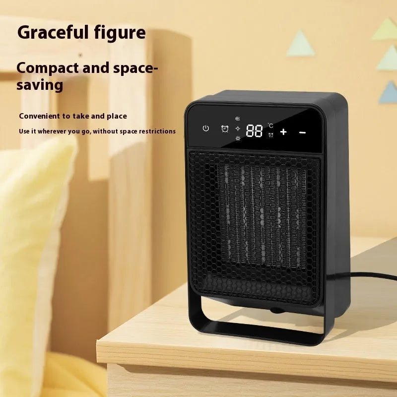 Black desktop electric heater with touch screen digital display and remote control on office desk