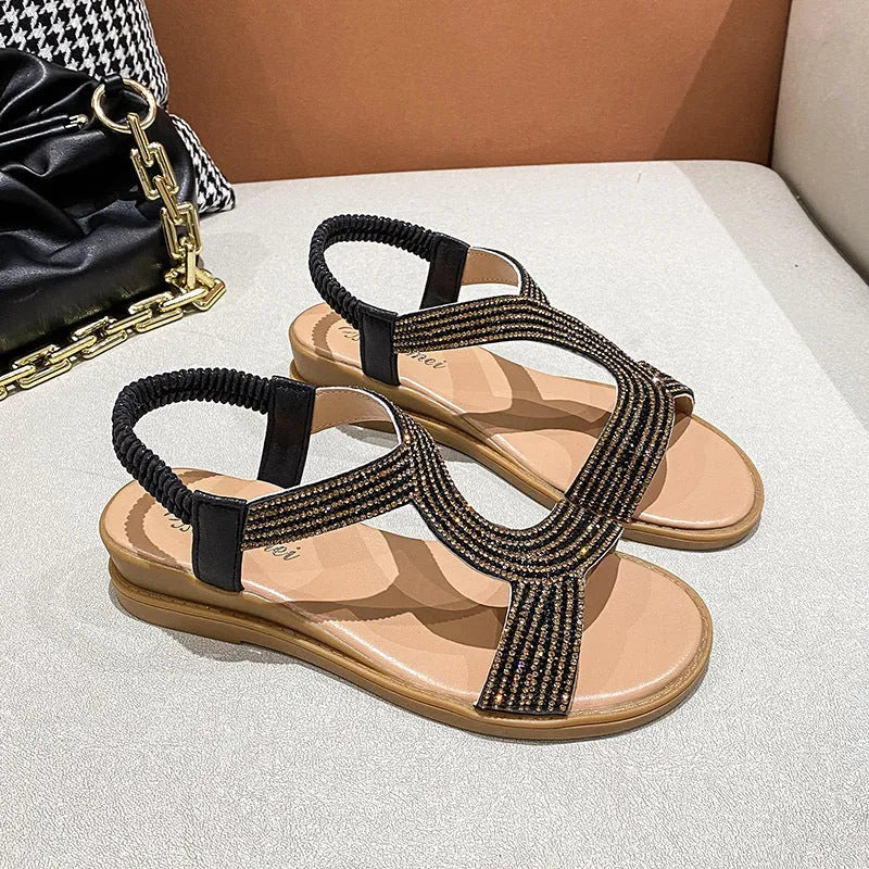 Women's patent leather beach sandals with rhinestone decoration on round toe
