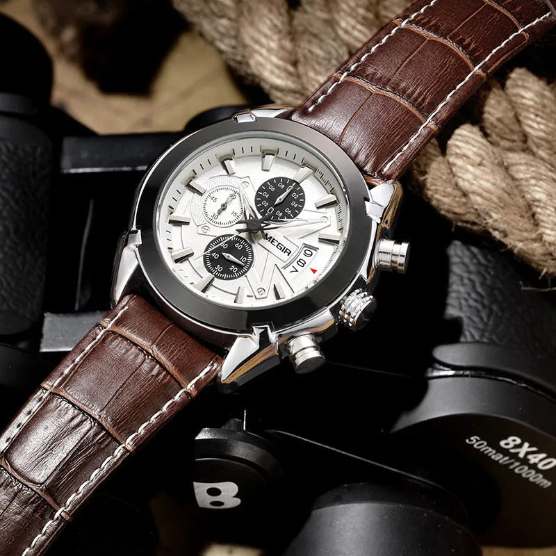 Men's multifunctional quartz chronograph watch showing three subdials and luminous hands on a brown and white dial