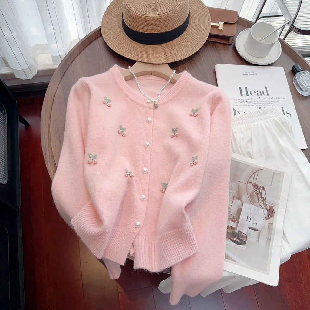 Cashmere cardigan sweater coat with beaded decoration in slim fit French style