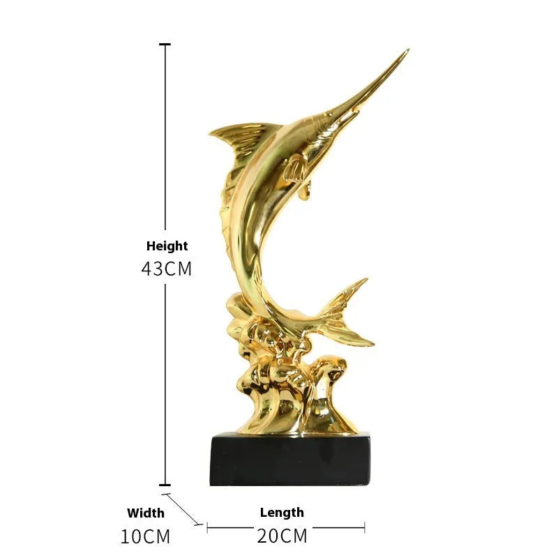 A European-style swordfish sculpture decoration in resin, shown in one of four colour options.