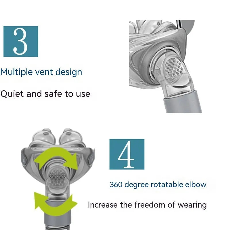 Ventilator nasal pillow mask with silicone cushion and headband components displayed in English packaging