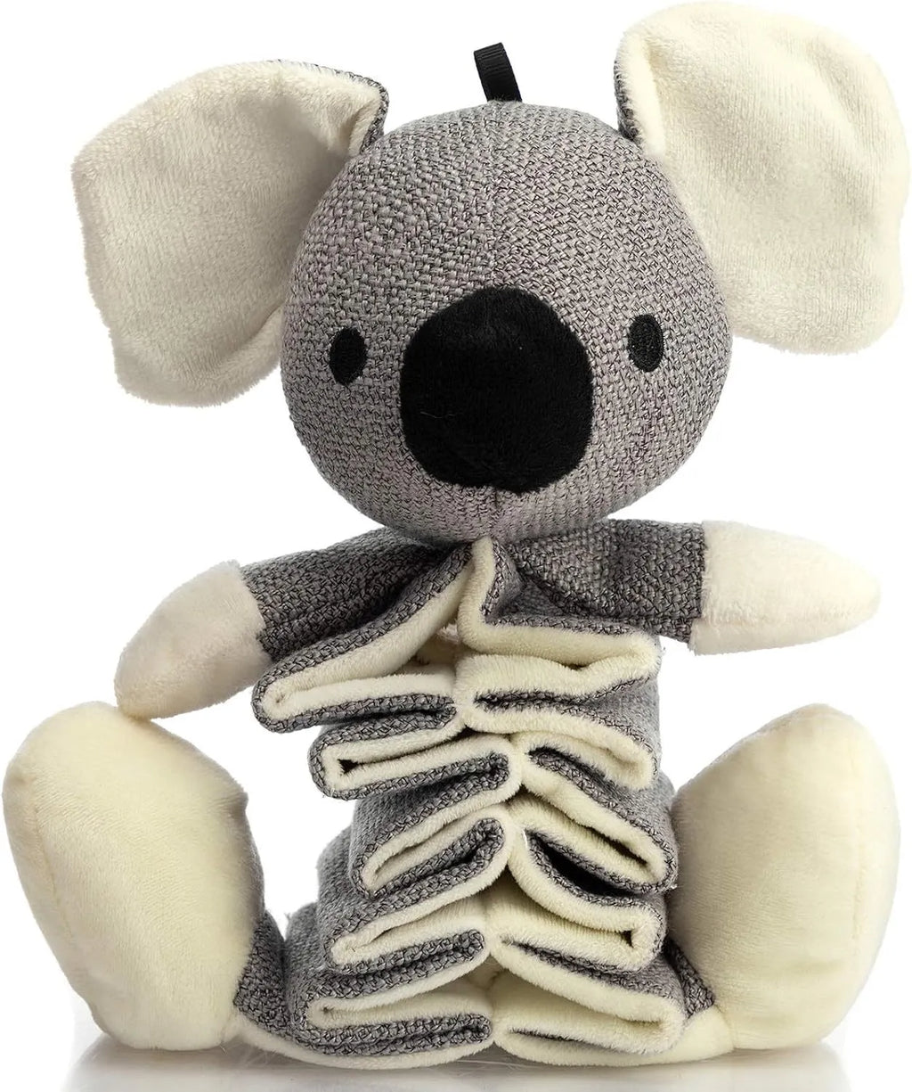 Grey koala stuffed dog toy measuring 30cm long with plush limbs and durable cloth body.