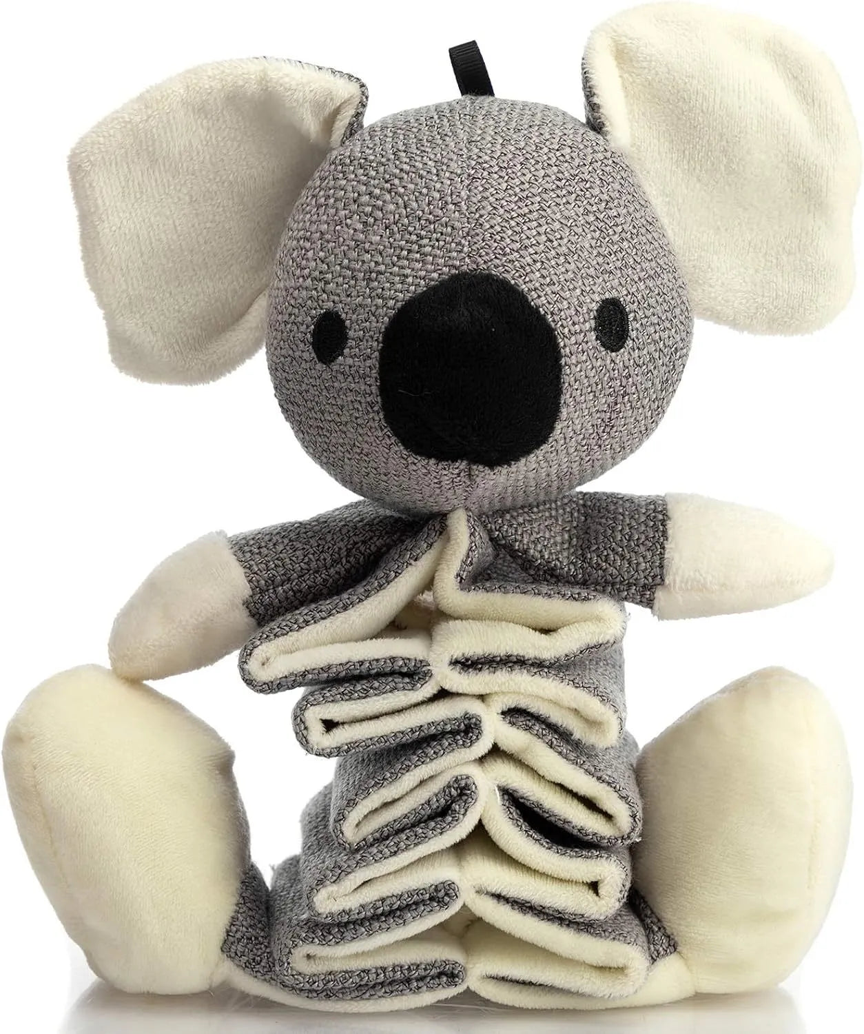 Grey koala stuffed dog toy measuring 30cm long with plush limbs and durable cloth body.