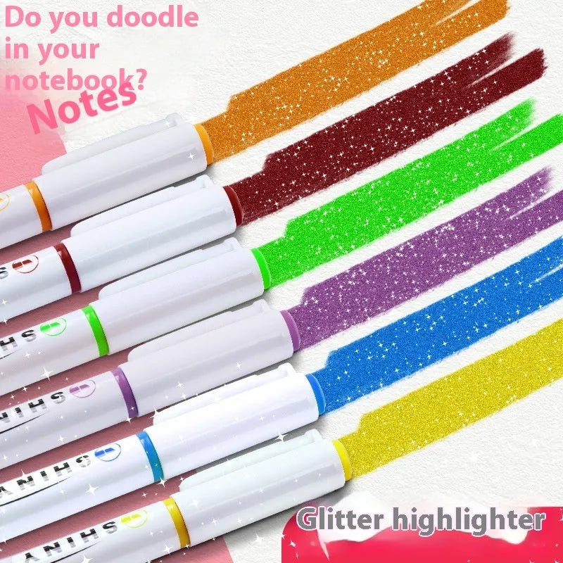 Four glitter highlighter pens with slanted 4mm tips in assorted fluorescent colours