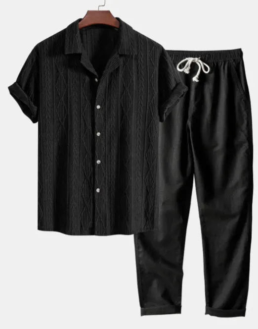 Camouflage printed short-sleeve shirt and trousers casual suit set on a hanger.