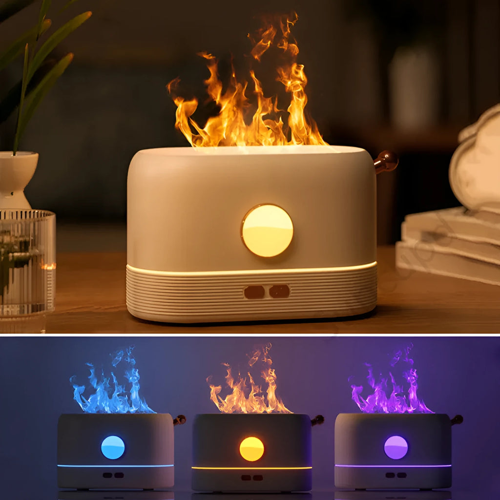 USB-powered desktop humidifier with simulated flame effect and 200ml water tank capacity