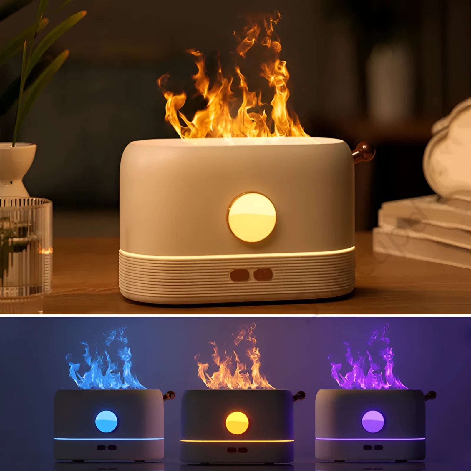 USB-powered desktop humidifier with simulated flame effect and 200ml water tank capacity