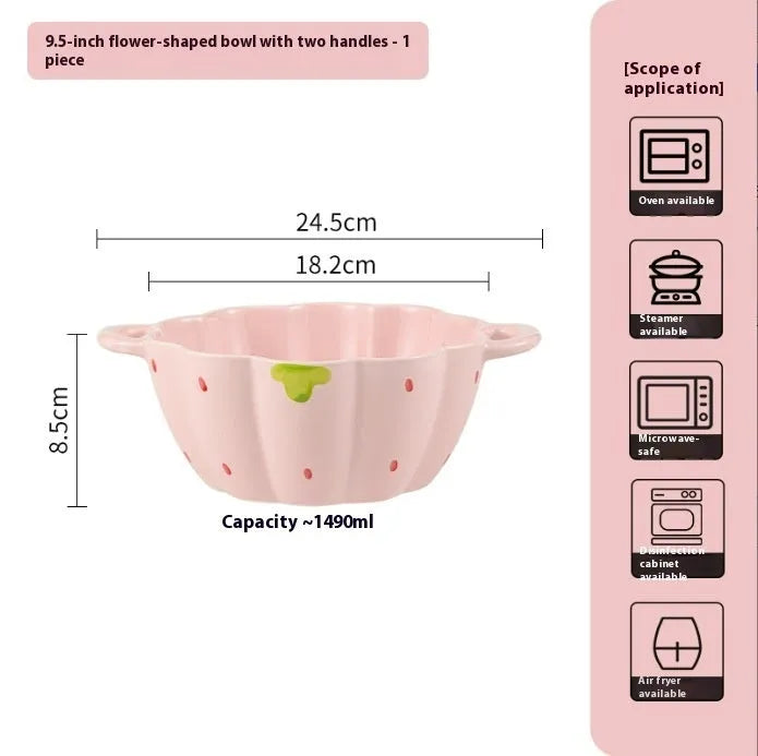 Strawberry design porcelain dinnerware set with flower bowls, plates, and spoon