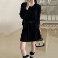 Women's grey Art Retro knitted vest skirt and long-sleeved cardigan two-piece set with pleated detail.