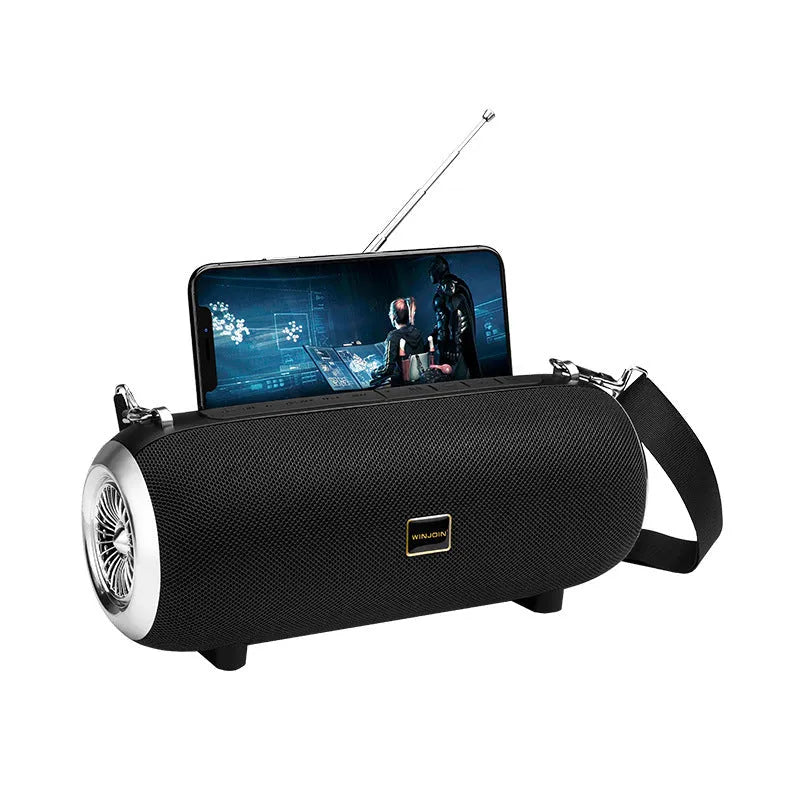 F666 Mini Bluetooth Speaker in fabric mesh finish with retractable FM antenna and shoulder strap attached