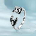Adjustable sterling silver panda open ring with white gold plating showing animal zodiac design