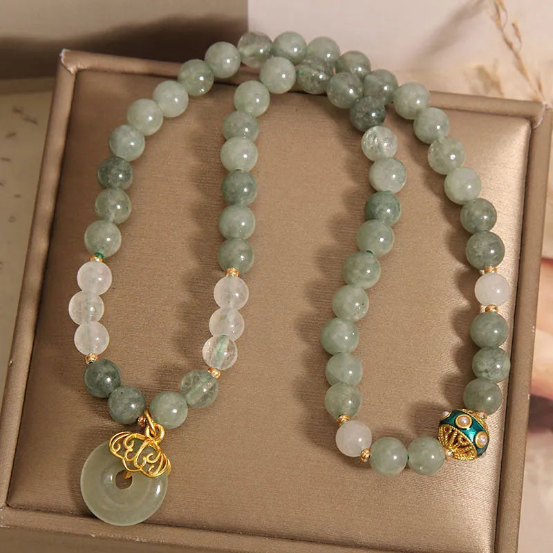 Women's double-layer aventurine jade bracelet with peace buckle in oil green colour