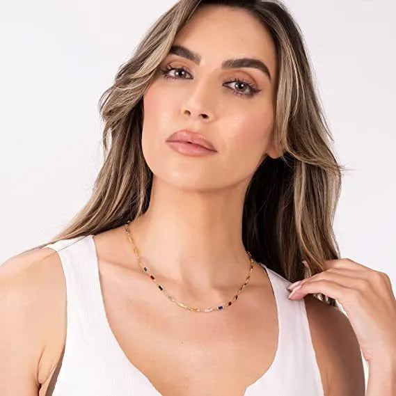 Geometric crystal pendant necklace on an adjustable alloy chain for women.