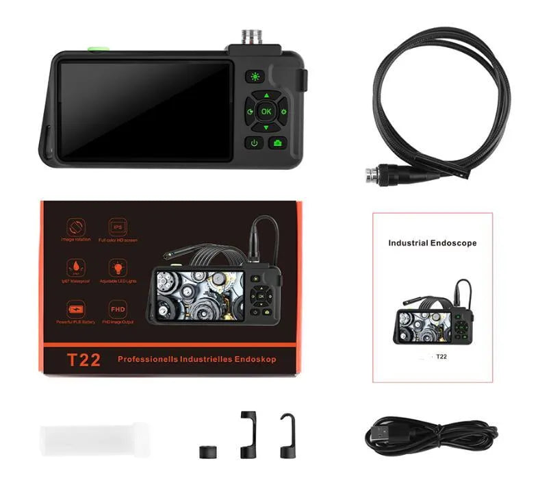 Handheld industrial endoscope with 4.5-inch screen and a thin black inspection probe on a 1-metre cable.