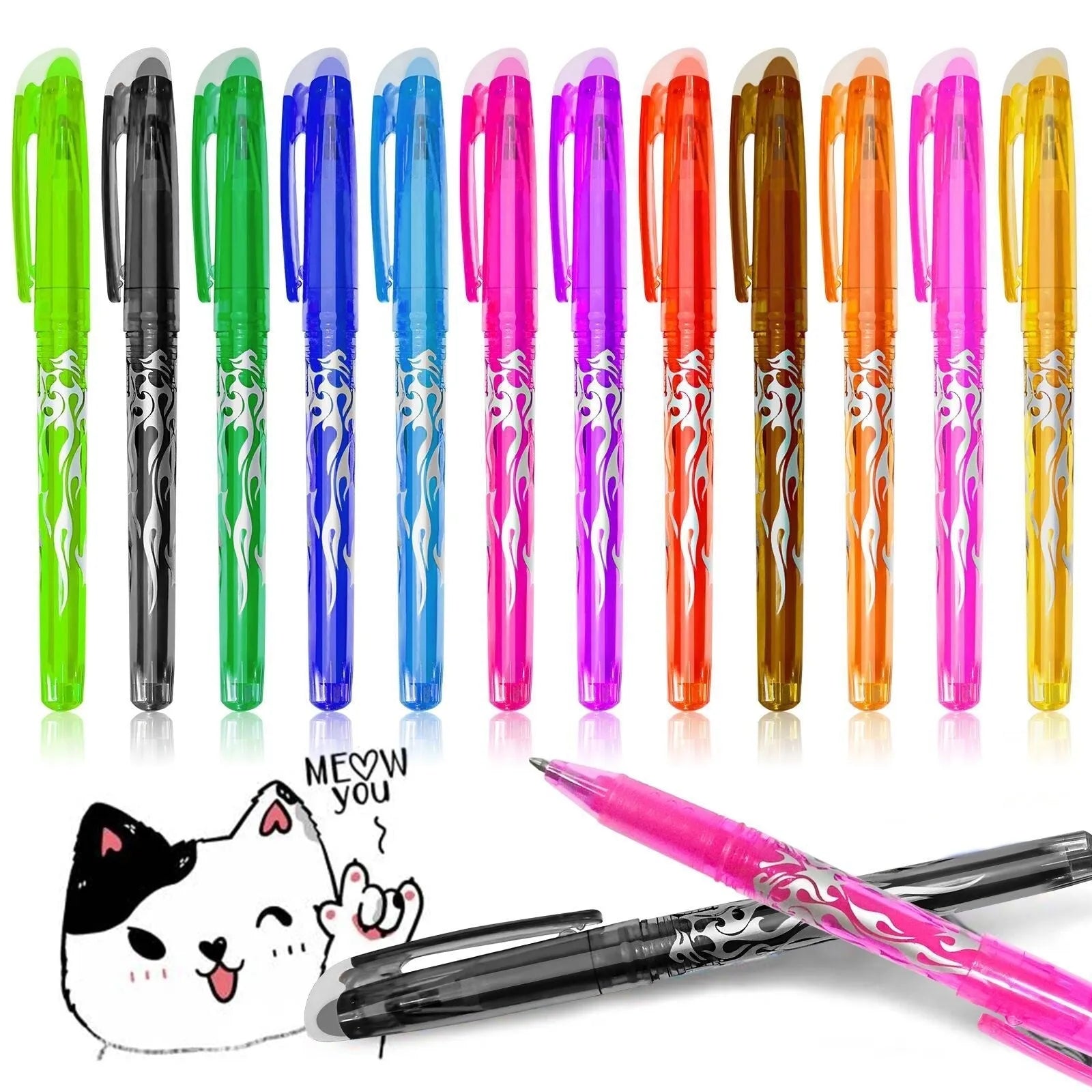 Set of heat-erasable gel pens in multiple colours with choice of 0.5mm or 0.7mm stainless steel nib tips.