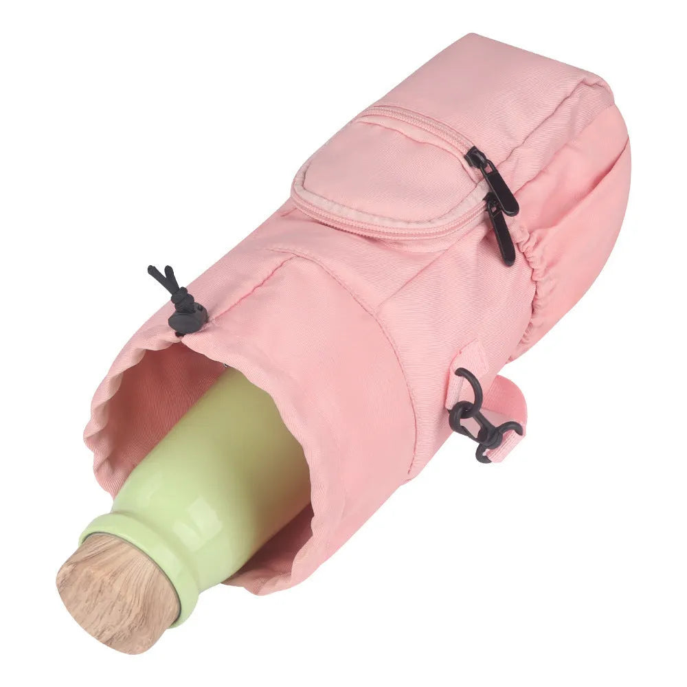 Cloth water bottle pouch crossbody bag in black, green, or pink colours with an adjustable strap.