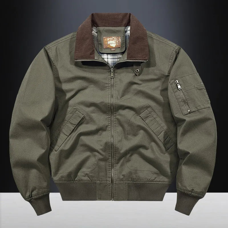 Men's plus size washed cotton baseball-style flight jacket in army green.