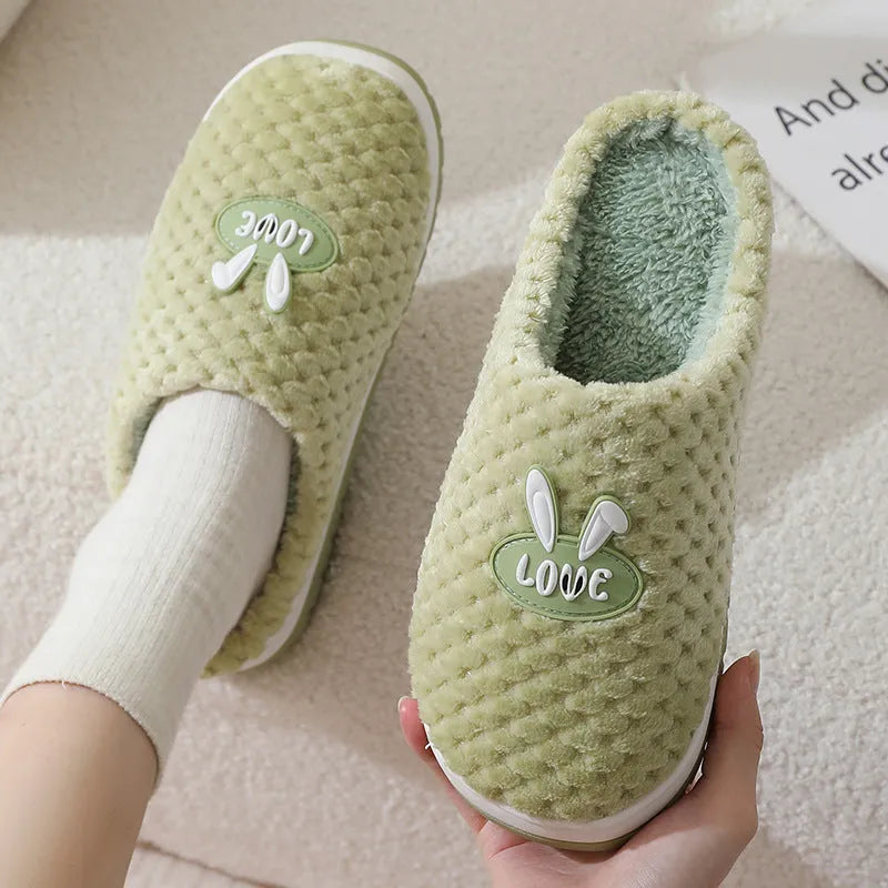 Women's rabbit plaid pattern artificial fur house slippers with a thick sole, shown in apricot colour.