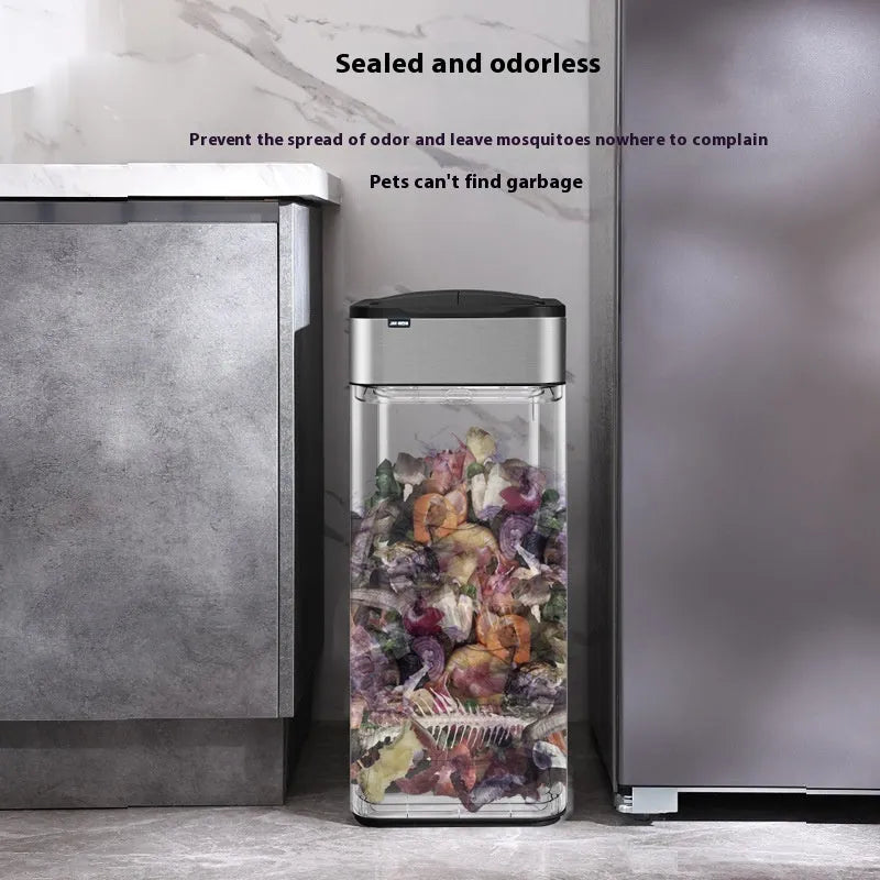 Stainless steel square automatic touchless kitchen bin with large capacity.