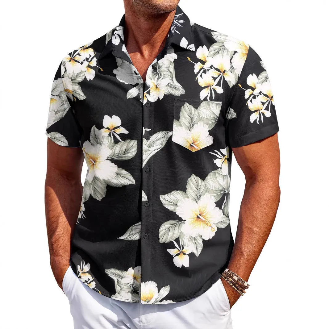 Men's slim fit short sleeve summer shirt in four-sided elastic polyester fabric