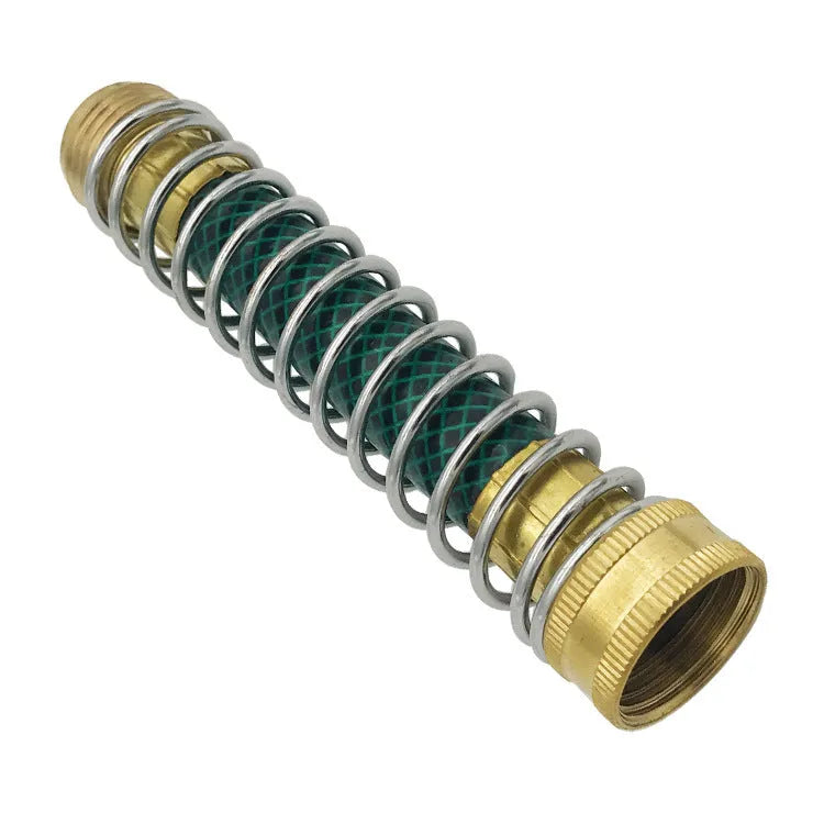 Brass garden hose connector with visible spiral spring, shown next to a measuring tape indicating 15 cm length.