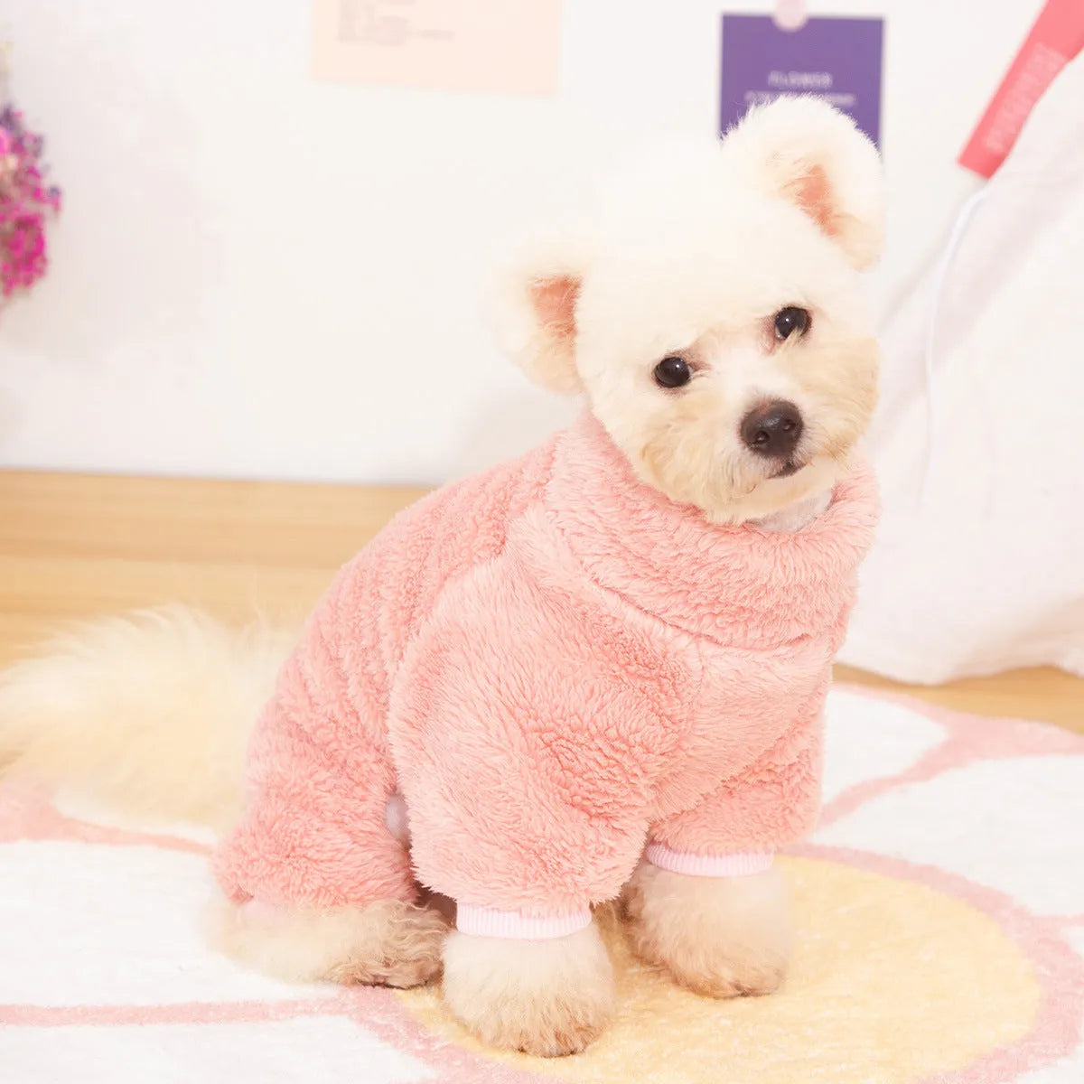 Double-sided plush dog clothing with high collar and four-legged design in blue colour