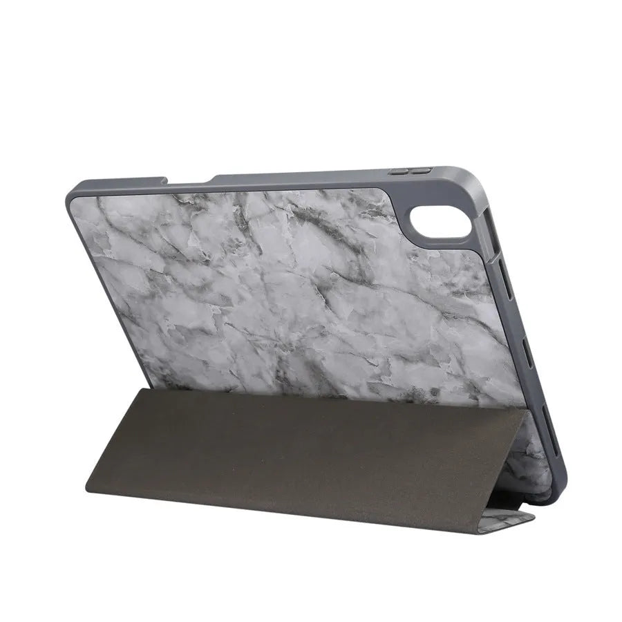 Dark gray tri-fold leather iPad case with magnetic closure and Apple Pencil slot, shown in stand mode.