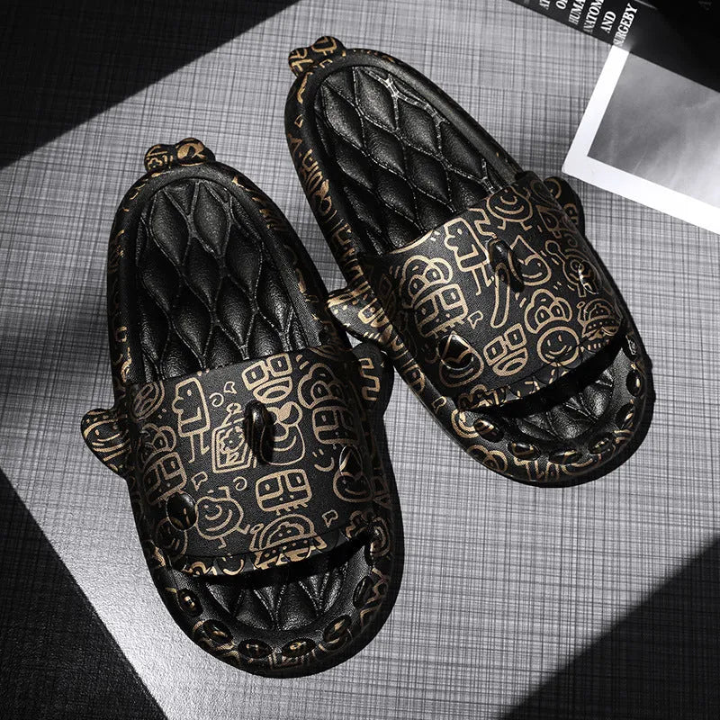 EVA open-toe shark-themed couple slippers in assorted colours on a white background.