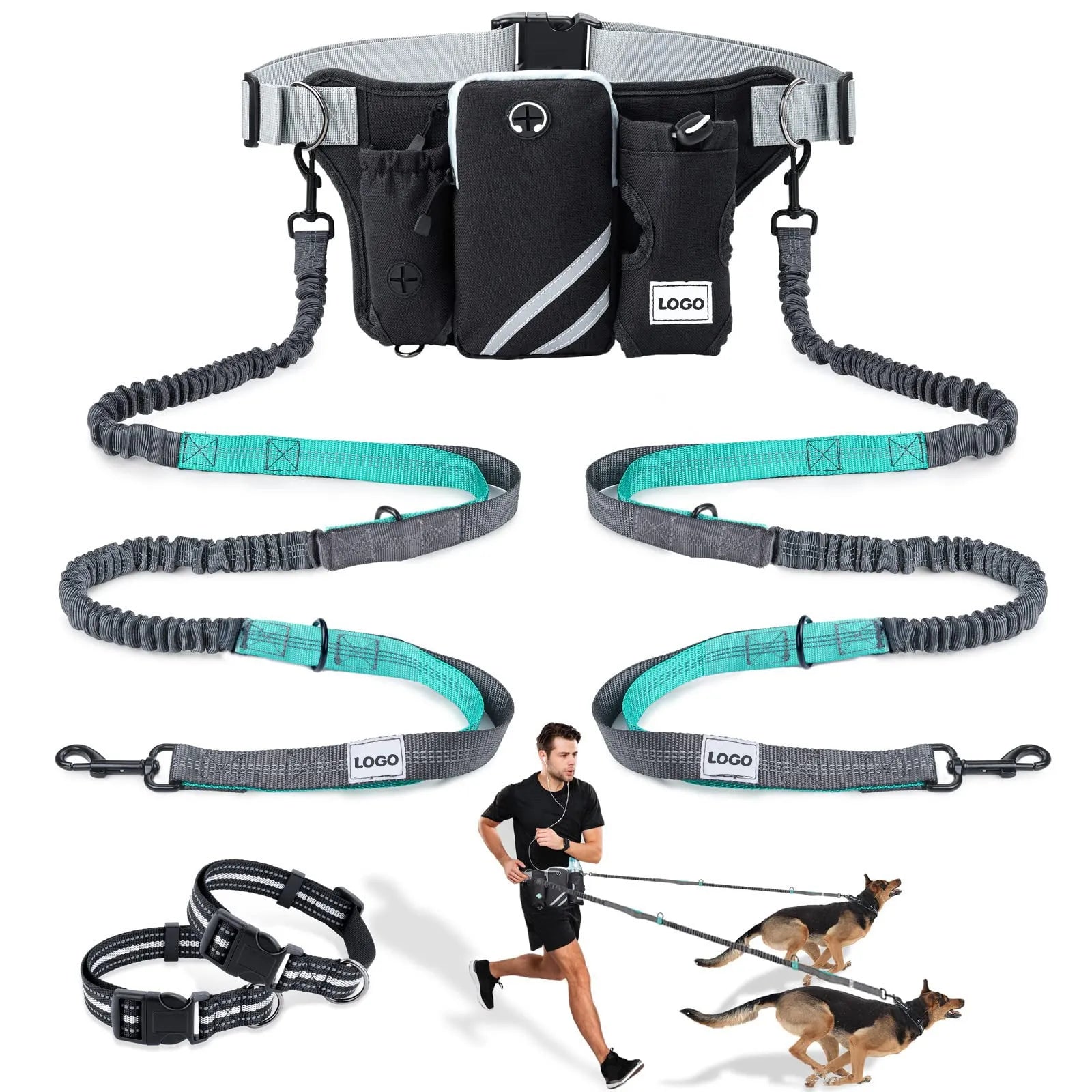 Black waterproof nylon pet training bag and dog walking leash set for outdoor sports