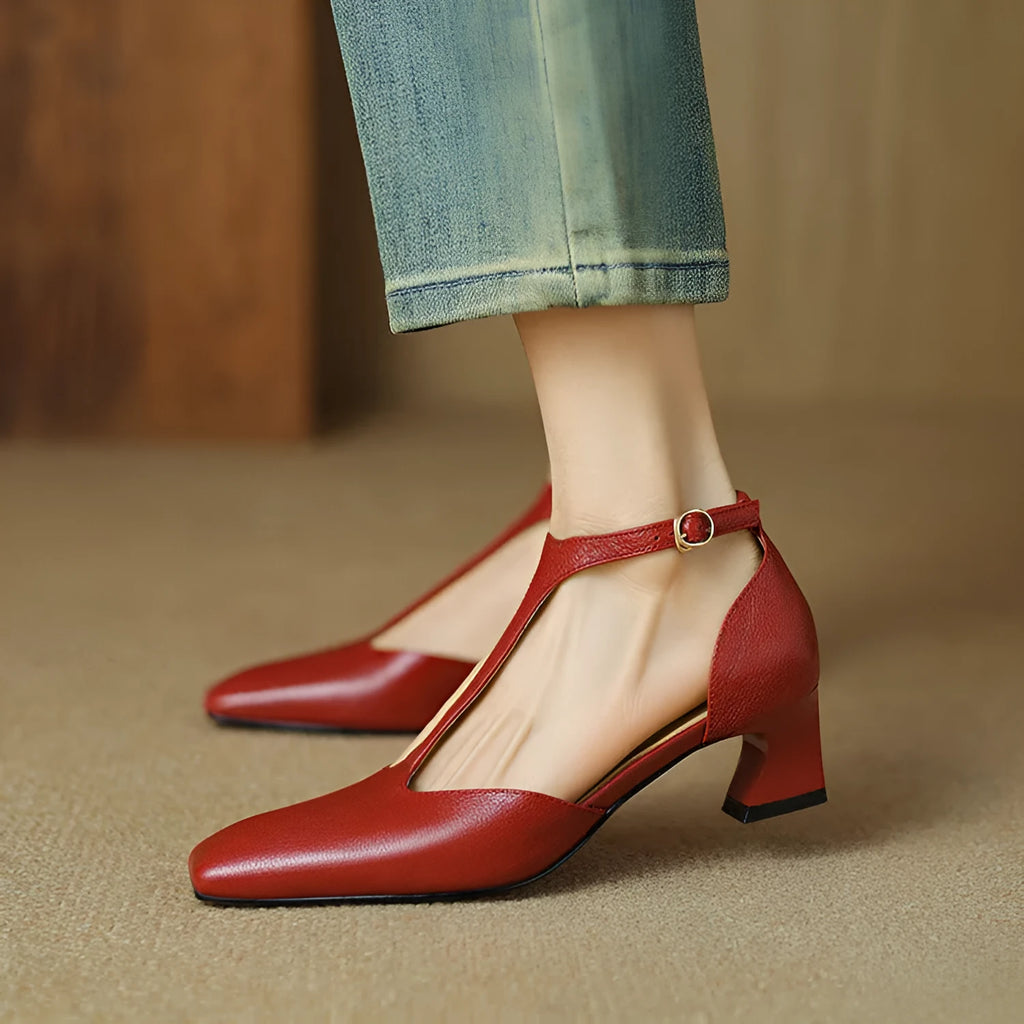 Wine red women's square toe chunky heel shoes with buckle, made from sheepskin leather.