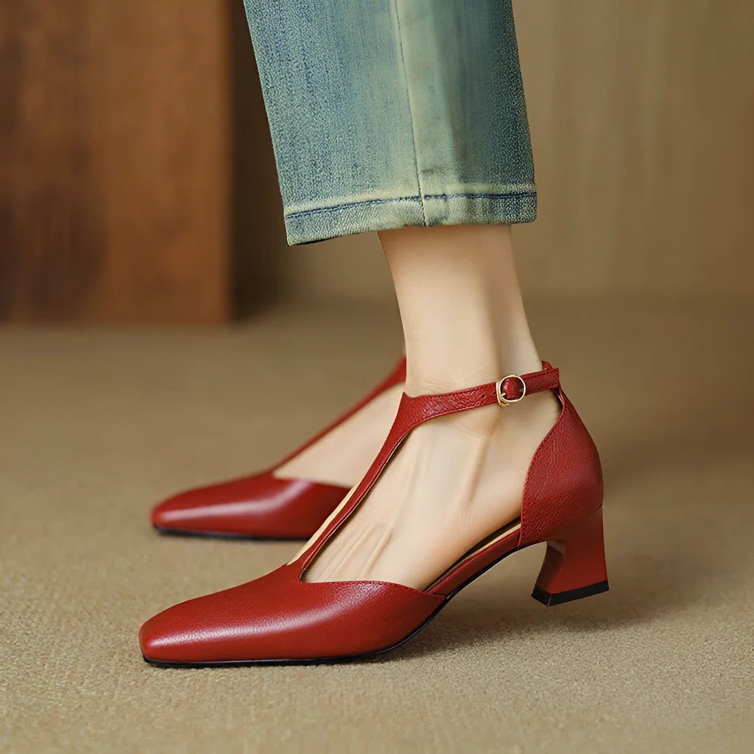 Wine red women's square toe chunky heel shoes with buckle, made from sheepskin leather.