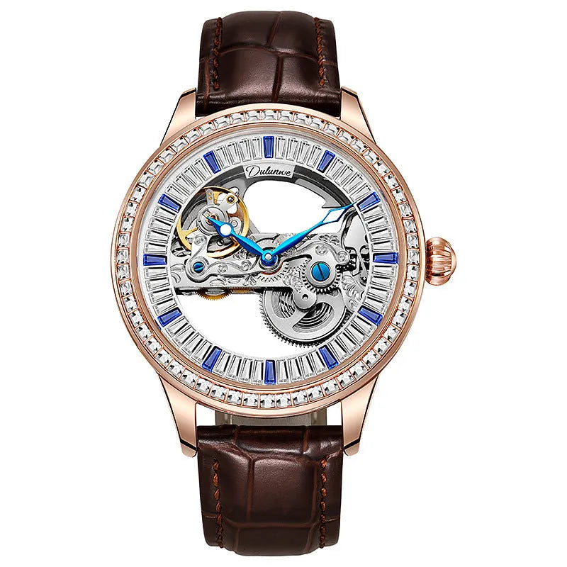 Men's mechanical business watch with transparent case back, 12mm thickness, stainless steel strap and onion head crown