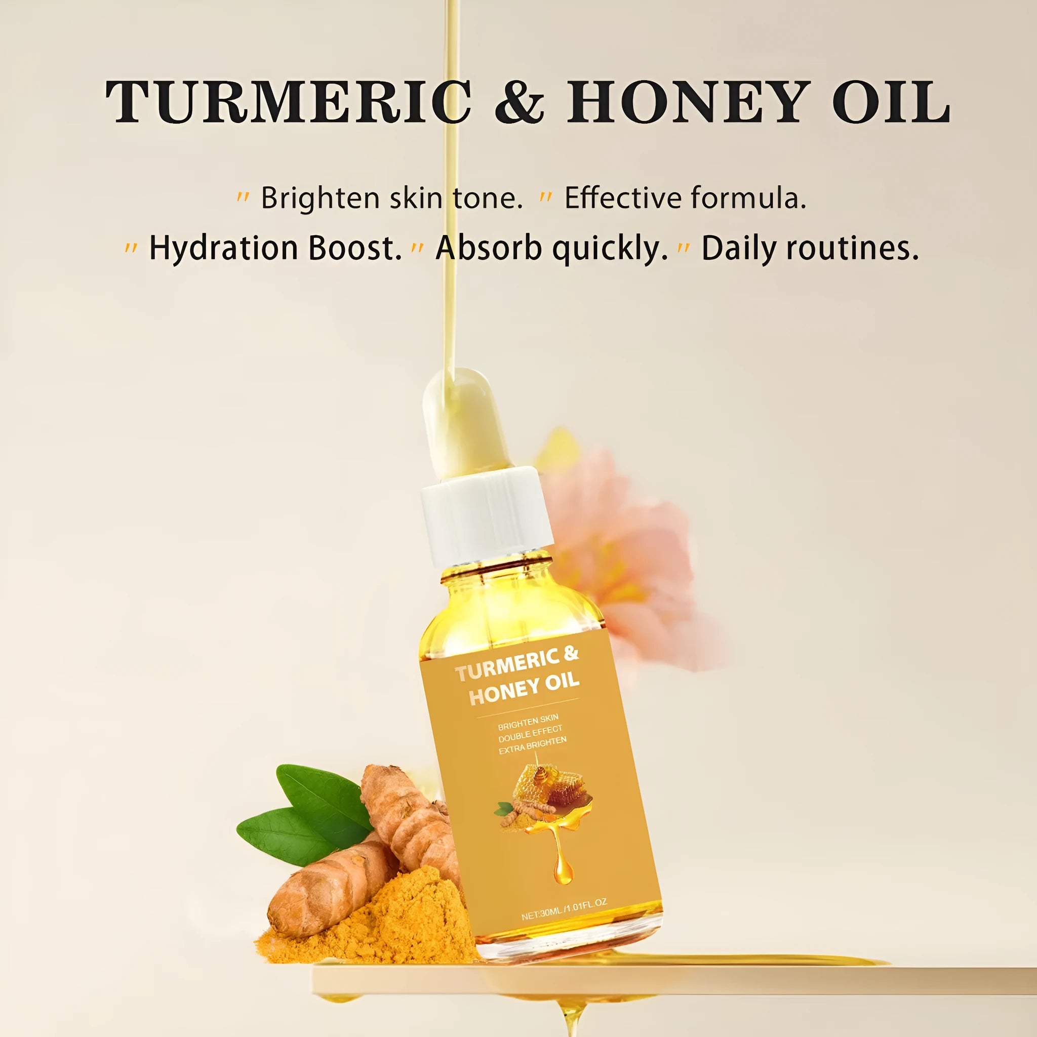 30ml bottle of turmeric honey essential oil with neutral packaging for facial beauty applications