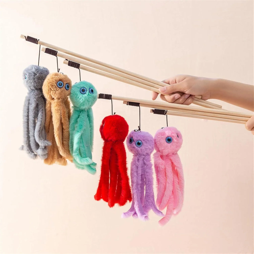 Long stick cat wand with colourful furry octopus toy for indoor kittens and cats
