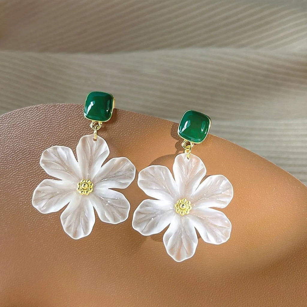 Dark green needle flowers sweet alloy earrings for women, shown as a complete pair