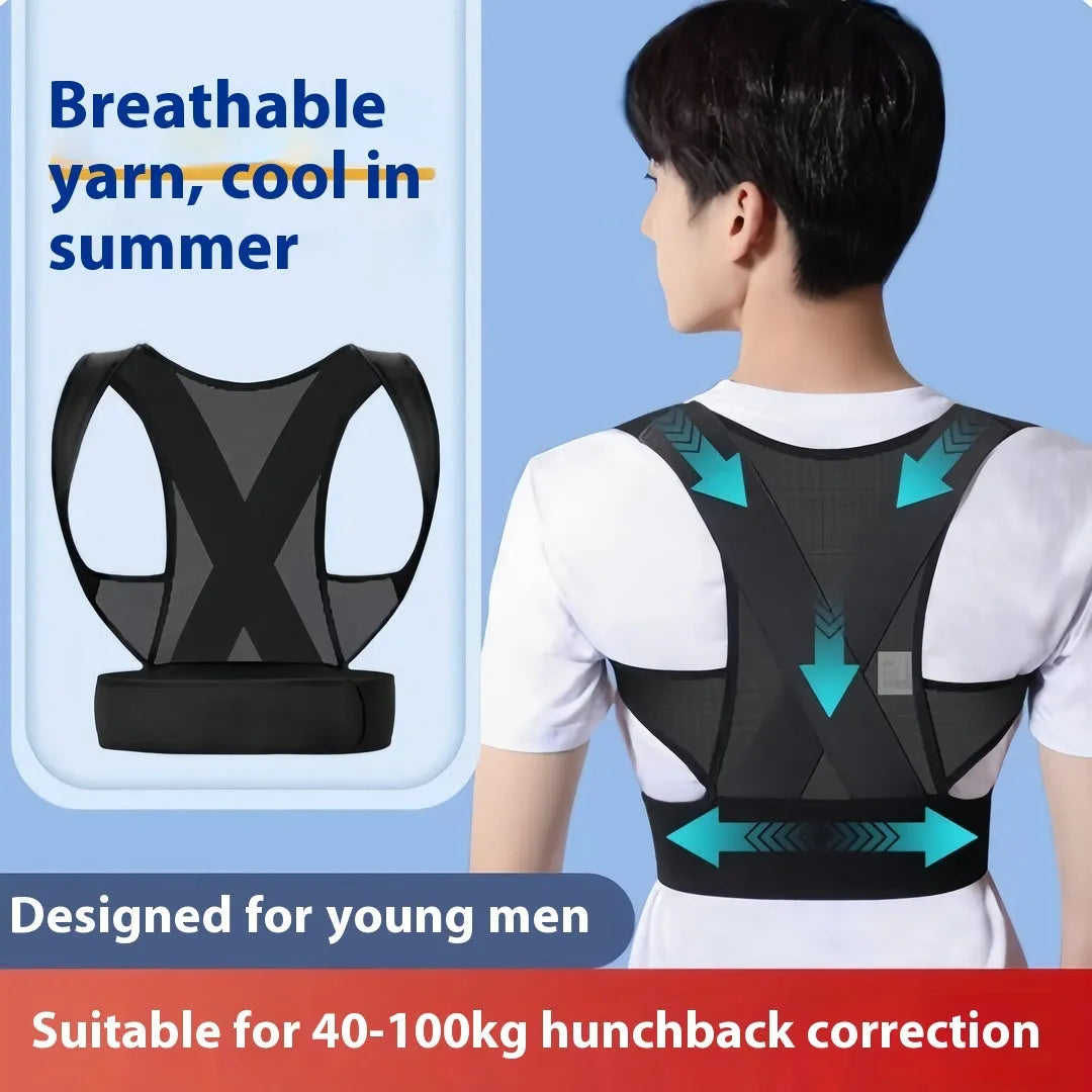 Hollow O men's beige and black posture correction belt for hunchback support, shown with sizing options.