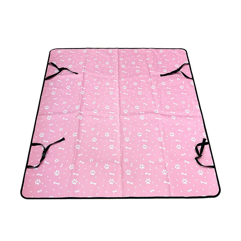 Grey cloth car pet mat with dog bone print protecting a car rear seat