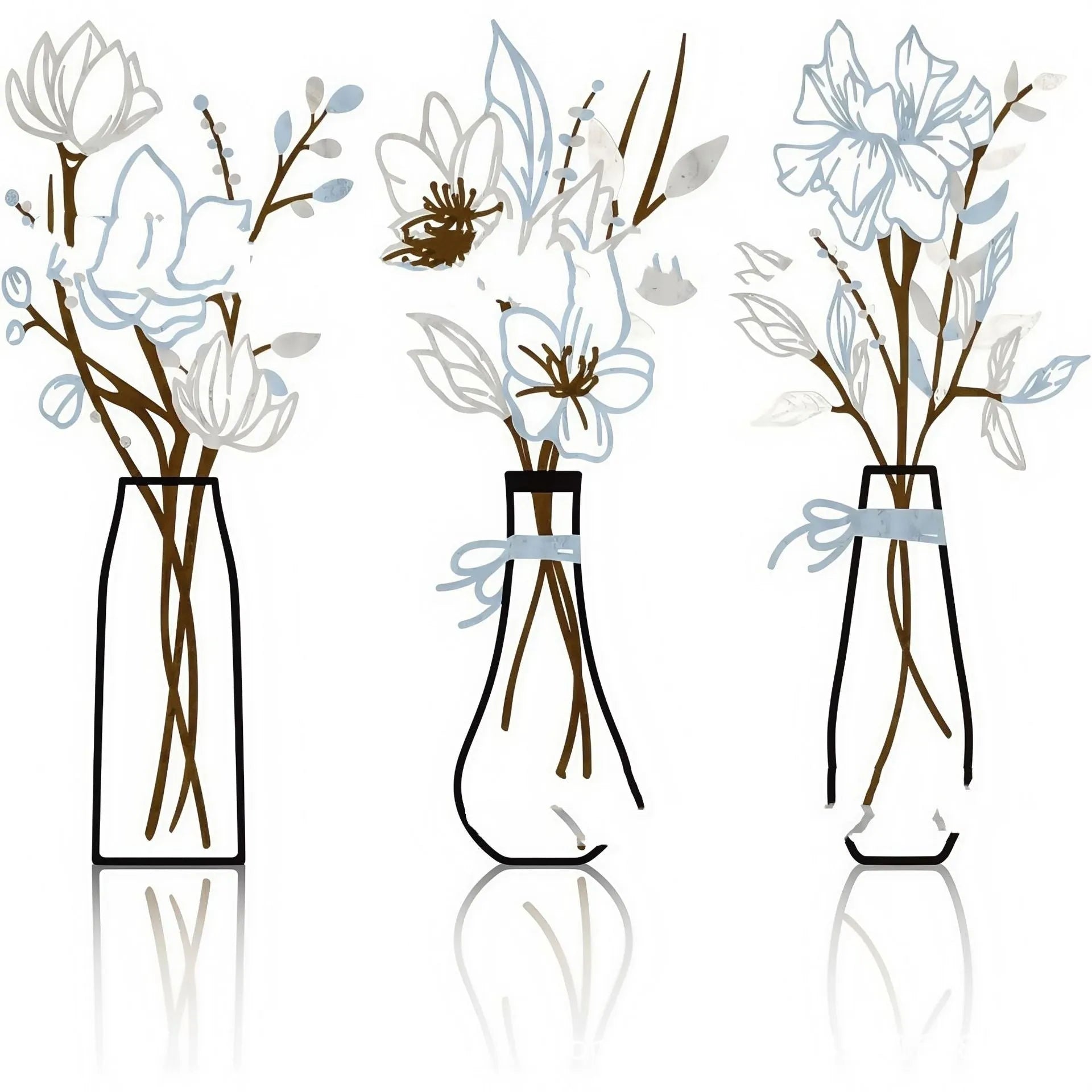 Three-piece metal flowers wall art set with vases in country farmhouse style for bathroom decoration