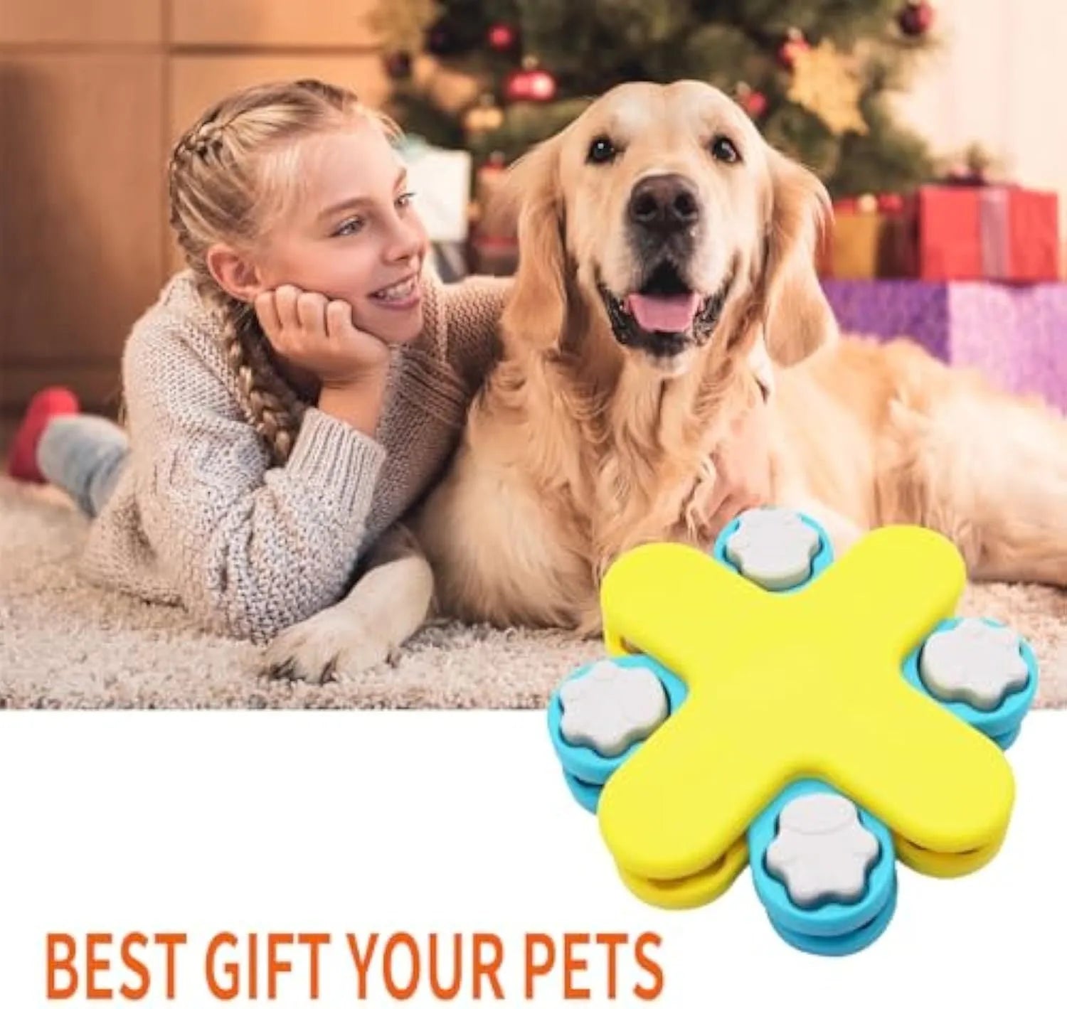 Yellow three-layer rotating dog puzzle feeder with claw-shaped lids on anti-slip base