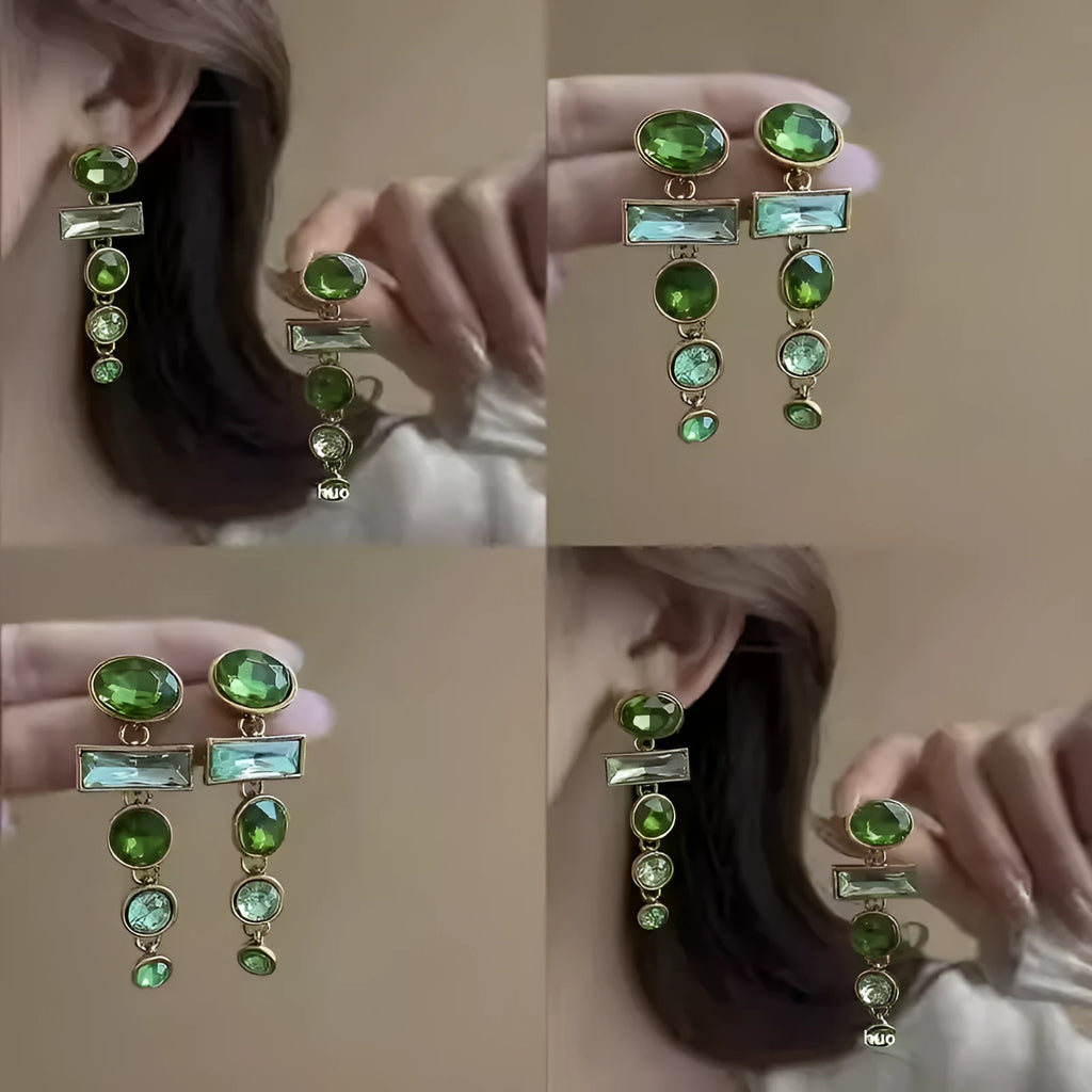 Green gradient alloy earrings with geometric tassel design and inlaid zircon details