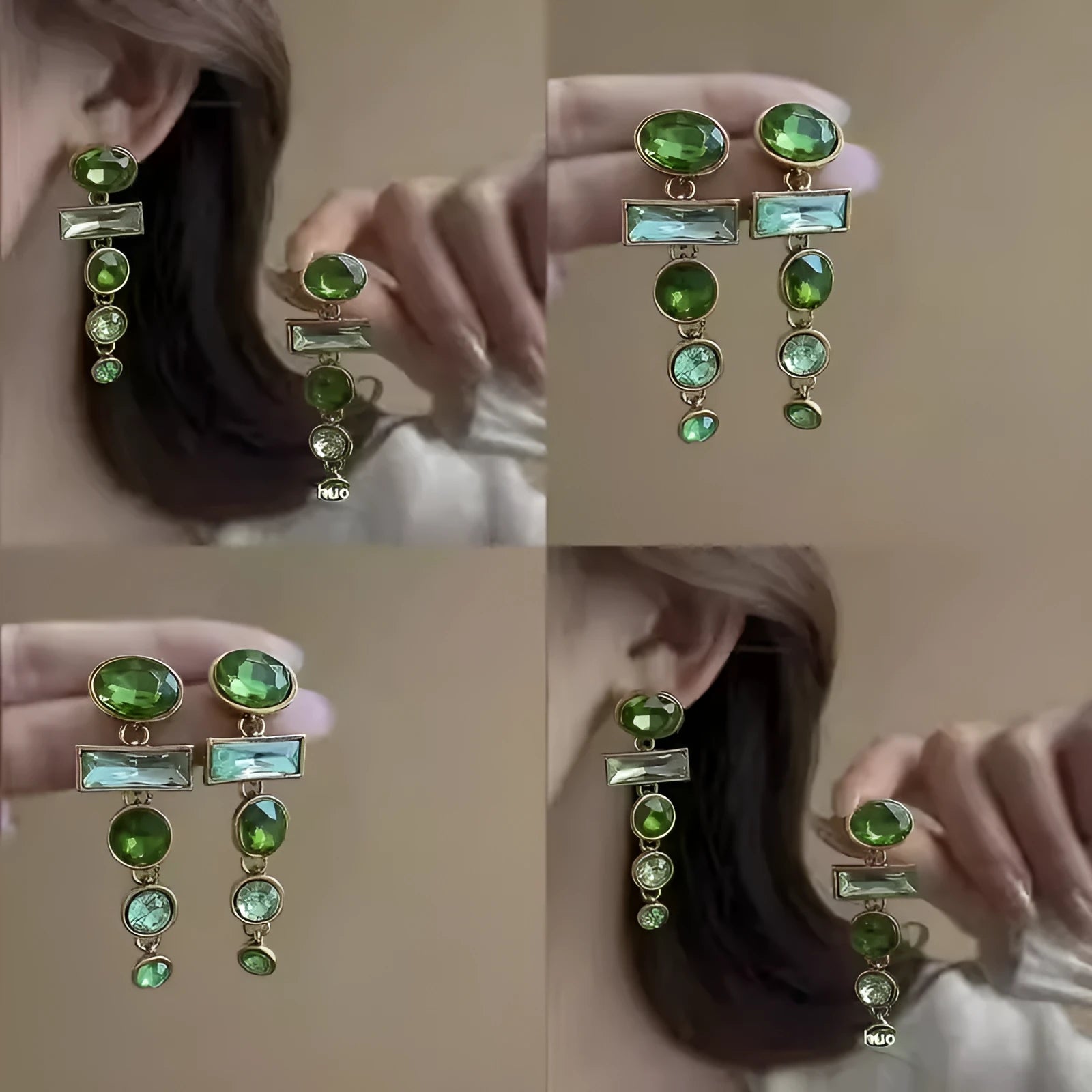 Green gradient alloy earrings with geometric tassel design and inlaid zircon details