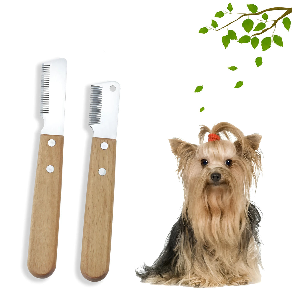 Dog stripping knife grooming tool with wood handle and metal fittings