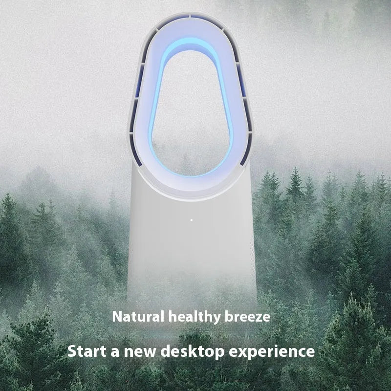 White bladeless tower fan with a slim design standing on a floor, showing a touch screen panel.