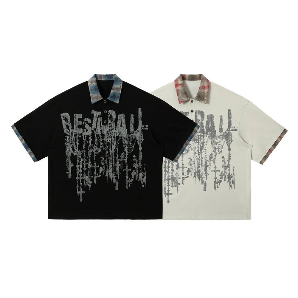 Men's loose-fit cotton short-sleeved top with asymmetric graffiti print design in street style