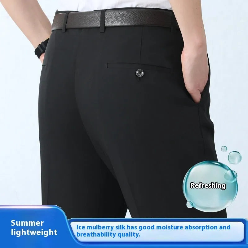 Men's straight-cut high-waist business trousers in a mulberry silk blend fabric.