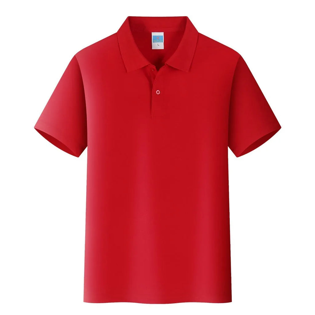 Plain short-sleeved cotton work shirt on a hanger, showing straight fit and short sleeves, against a white background.